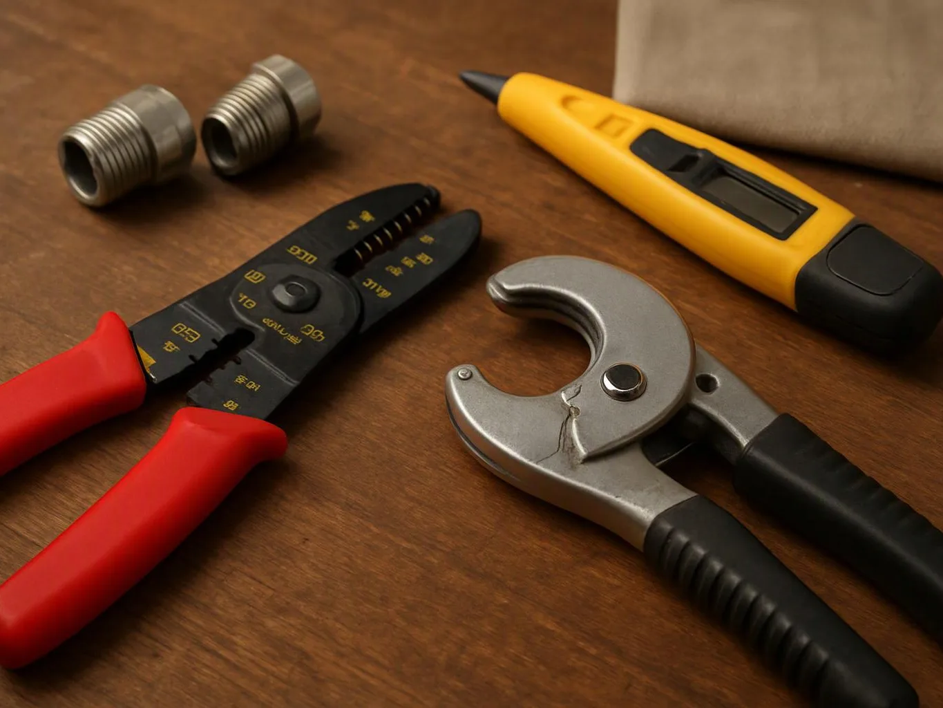 Hand tools and two metal fittings lie on a wooden table, with a utility knife and cable cutter visible