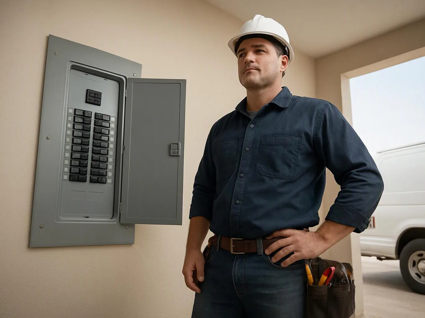 A hard hat worker stands beside an open electrical panel in a beige utility area