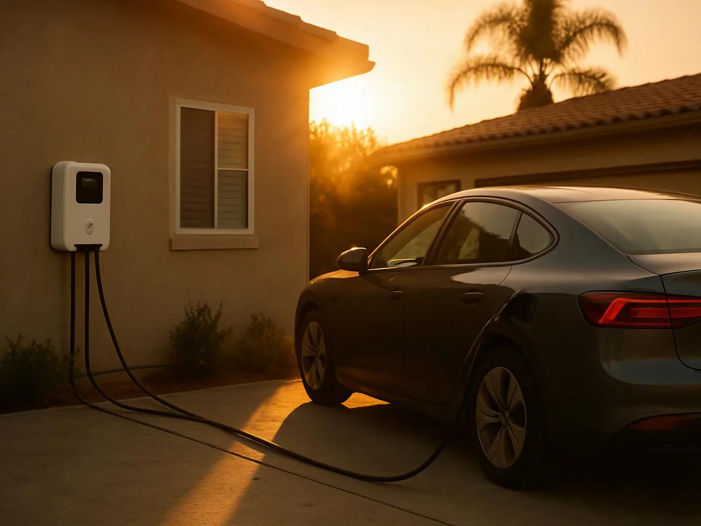 A dark sedan charges at a wall-mounted home charger beside a house during sunset