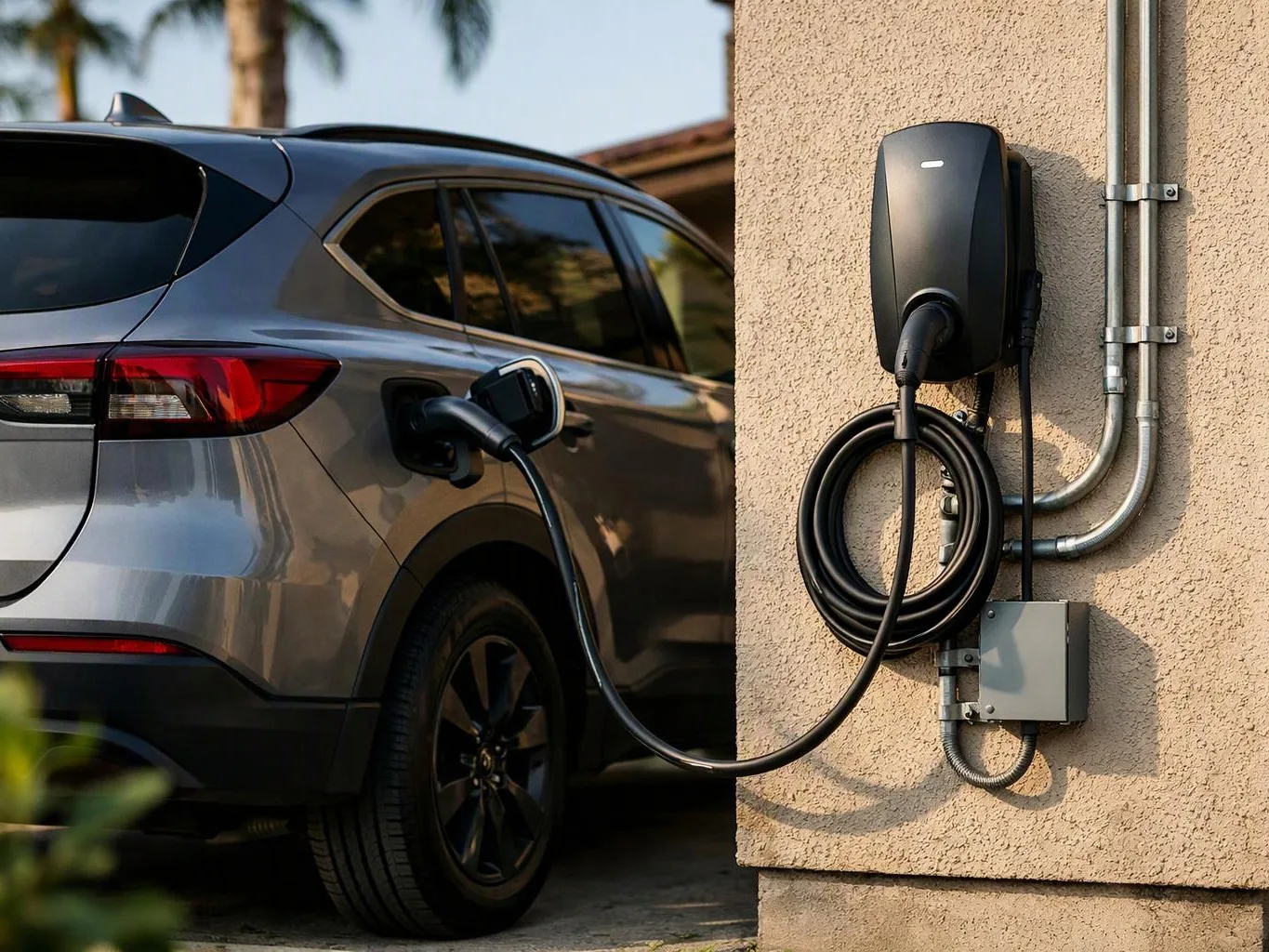 A gray SUV charges at a wall-mounted electric car charger beside a stucco wall