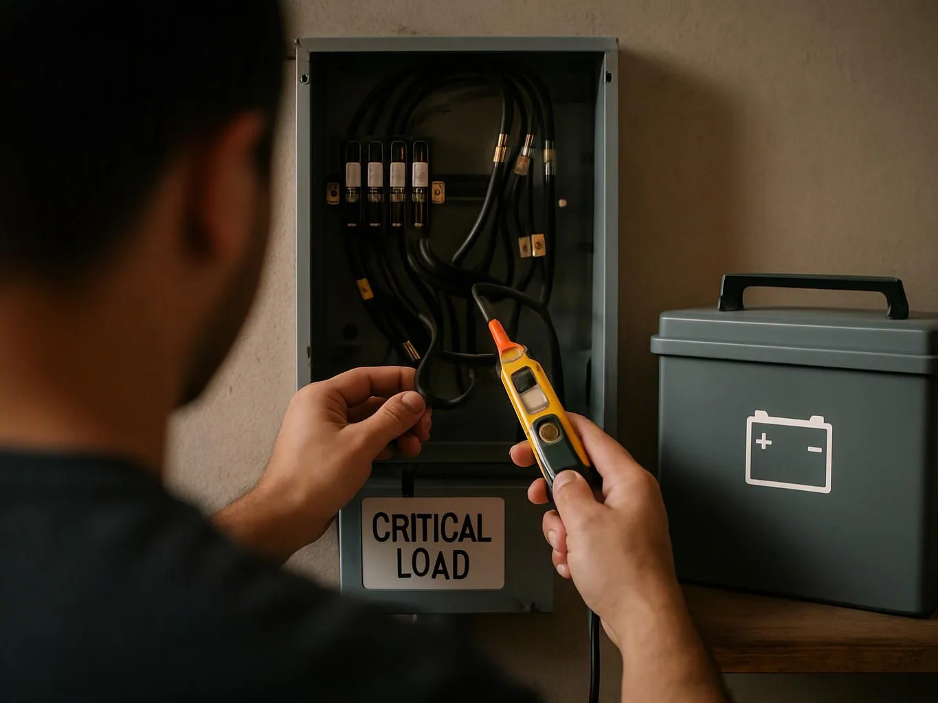 A person checks wiring inside an open electrical panel beside a battery box, with a critical load label visible