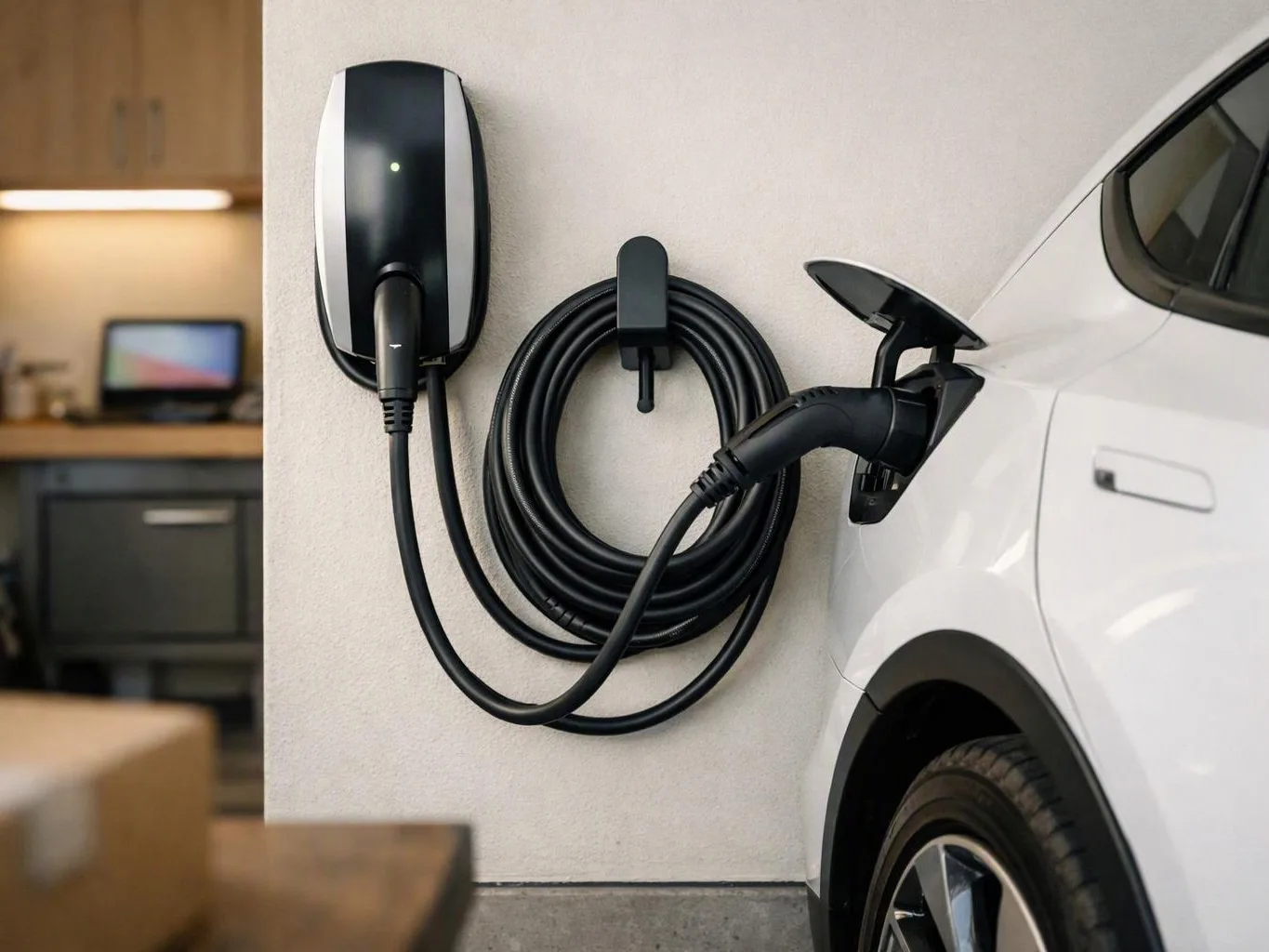 A white electric car charges at a wall-mounted charger with the cable coiled beside it