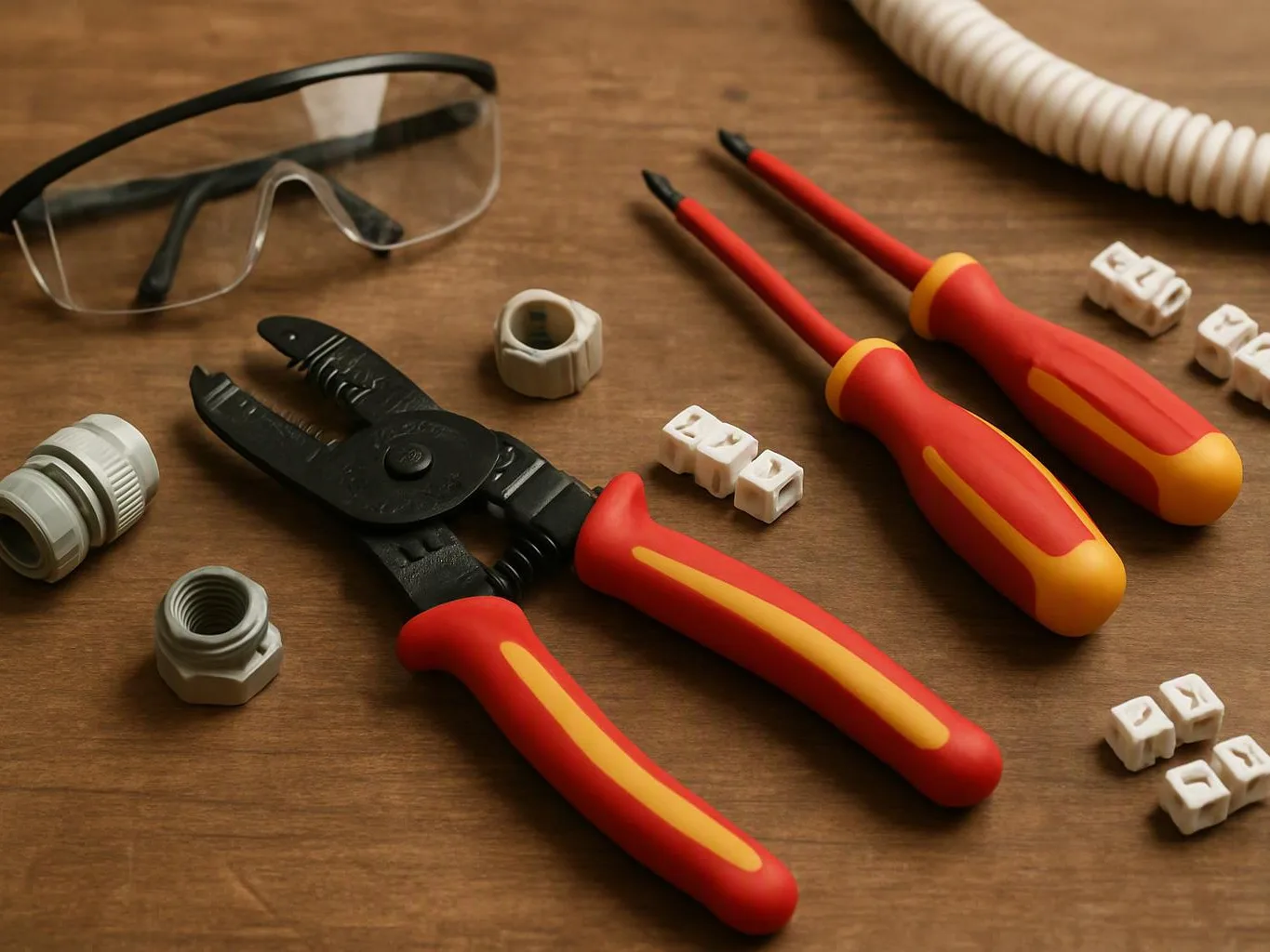 Insulated pliers, screwdrivers, safety glasses, wire connectors, and a coiled hose lie on a wooden workbench
