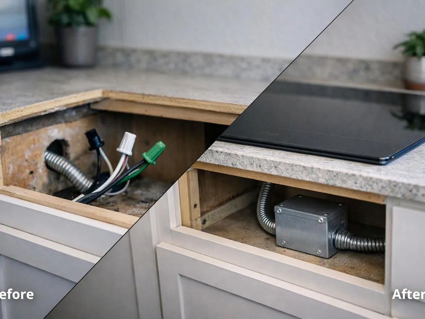 A kitchen countertop cutout shows loose wires before and a covered electrical box after on white cabinets