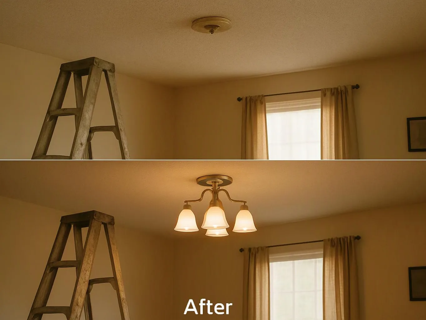 A ladder stands in a room with a window, and the lower half shows the same room with a new ceiling light labeled After