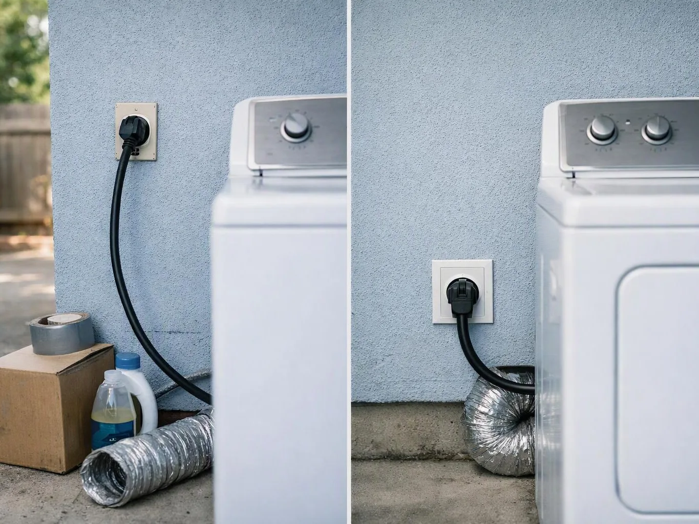 A laundry machine sits beside a wall outlet, with vents, ducting, a box, and cleaning bottles on the floor