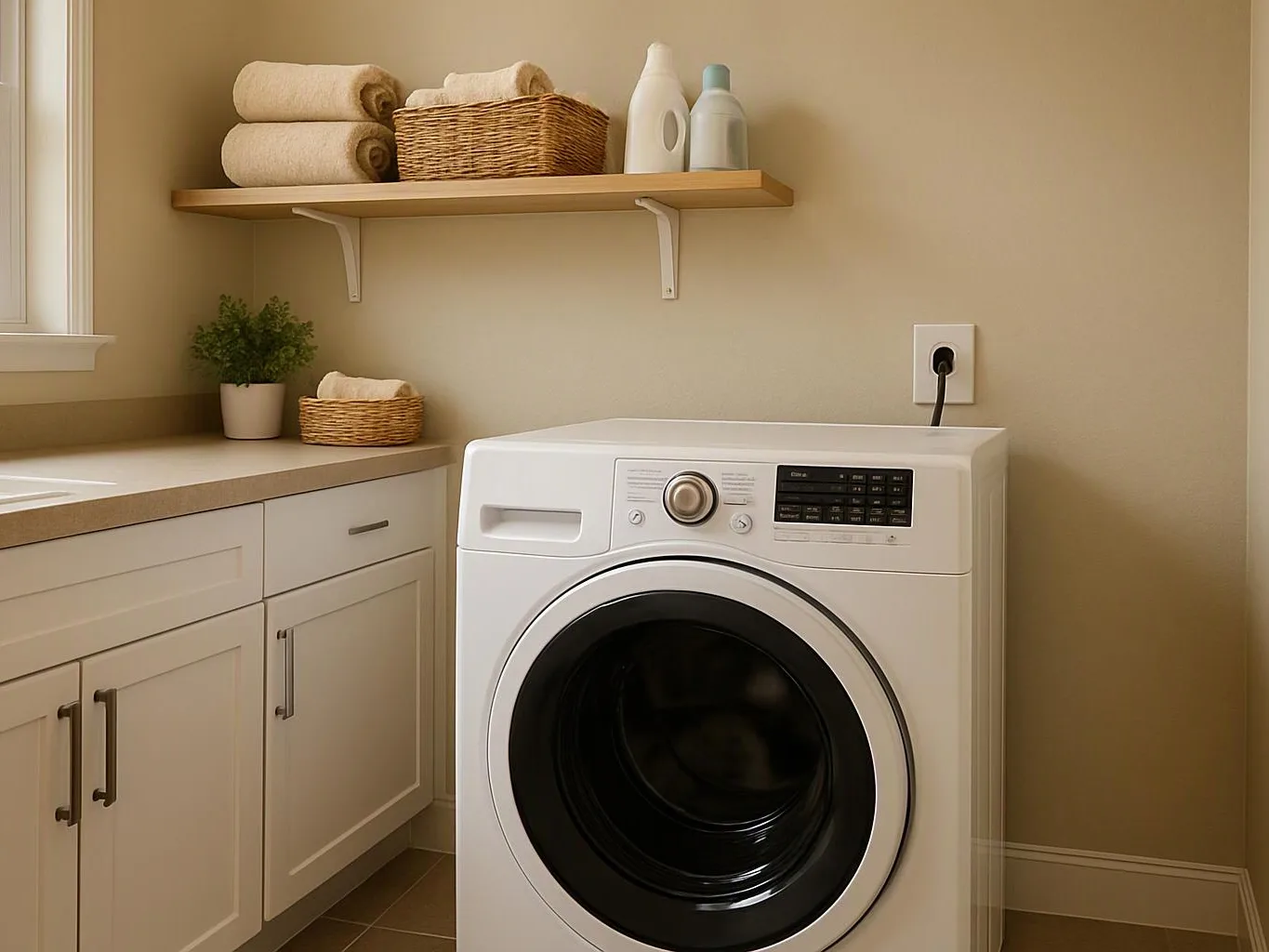 A laundry room shows a front-loading washer beside cabinets, shelves, towels, baskets, and detergent bottles