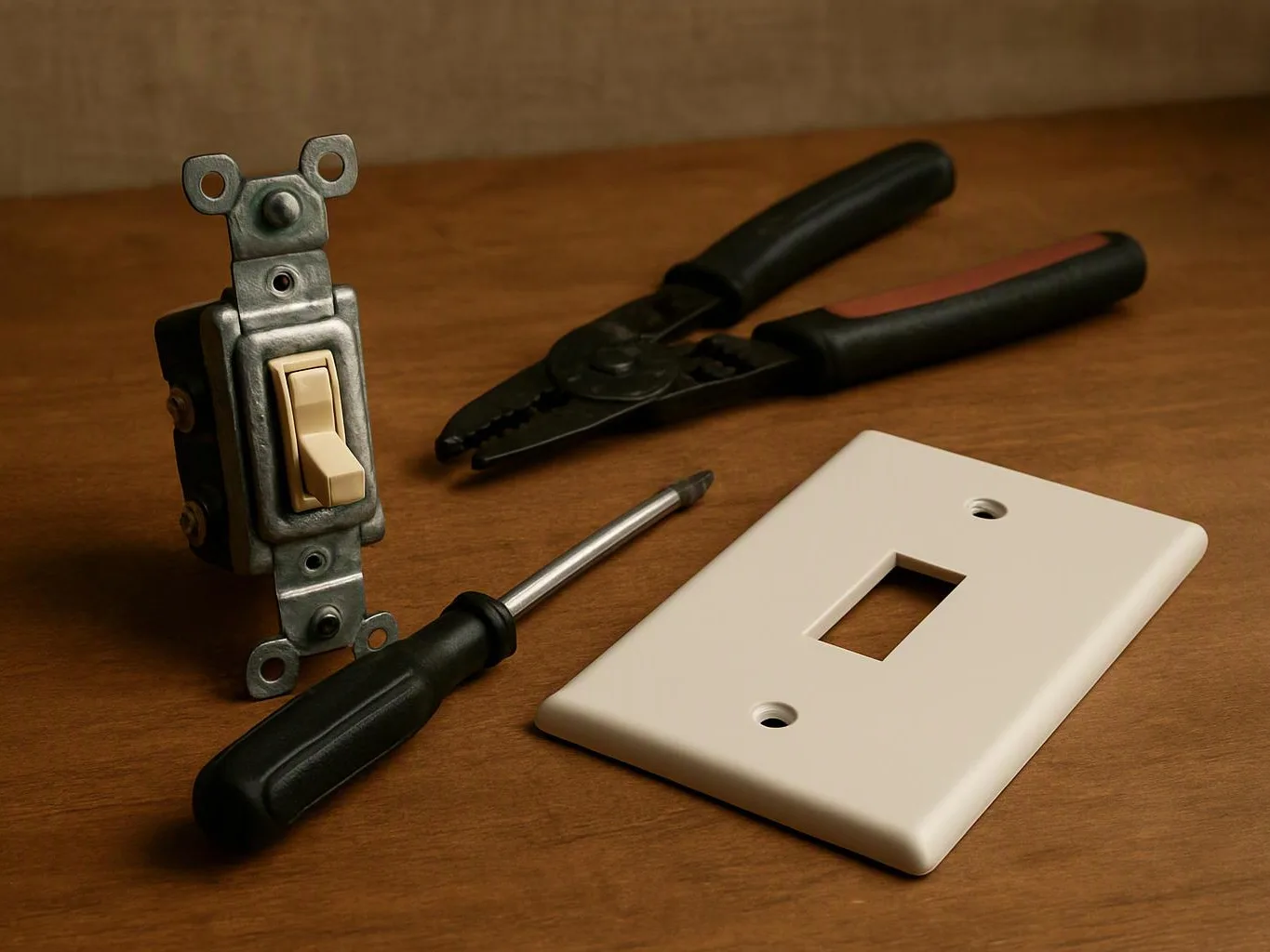 A light switch, screwdriver, pliers, and faceplate lie on a wooden surface