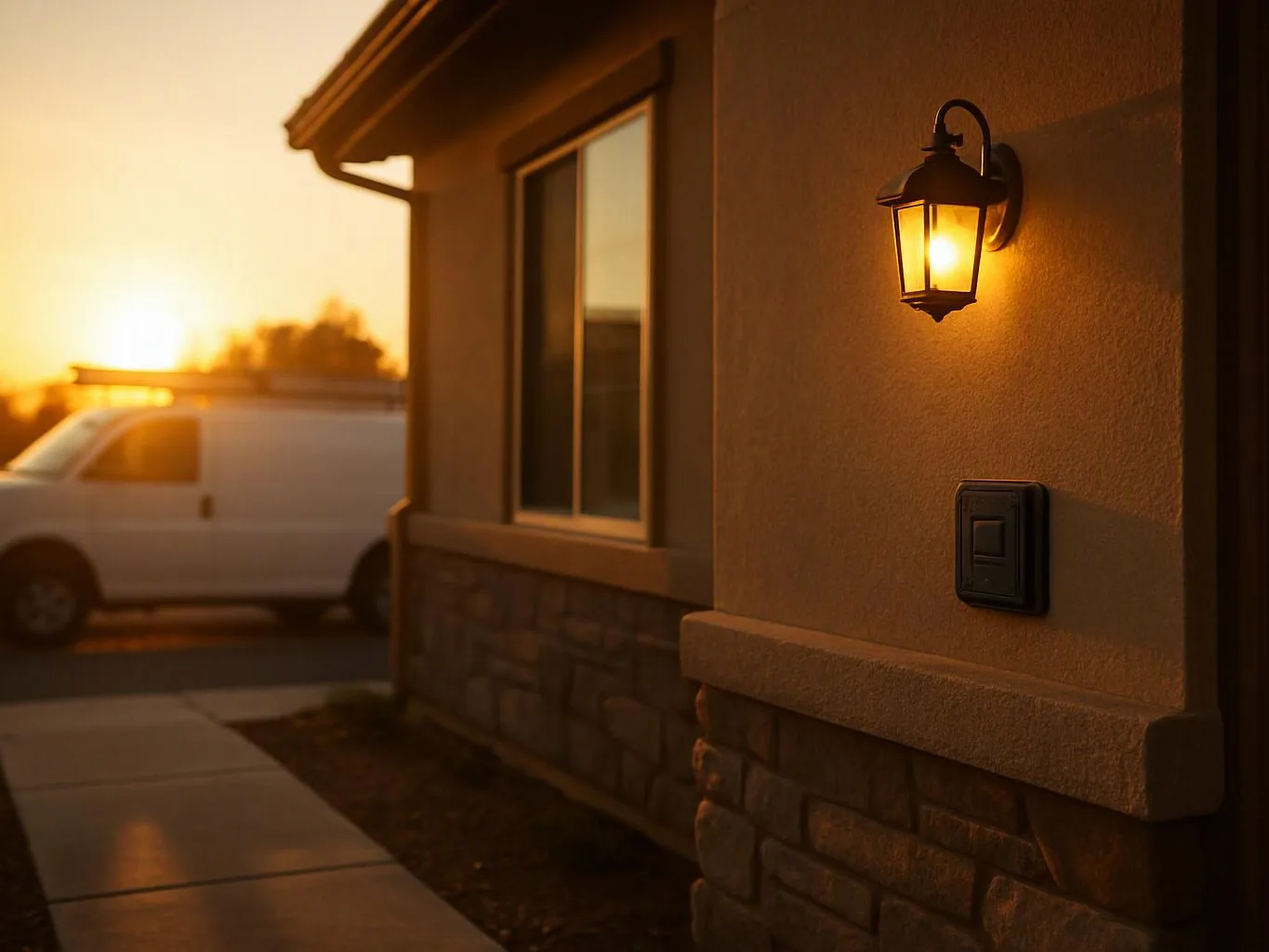 A lit porch lamp glows on a house wall beside a window and parked white van at sunset