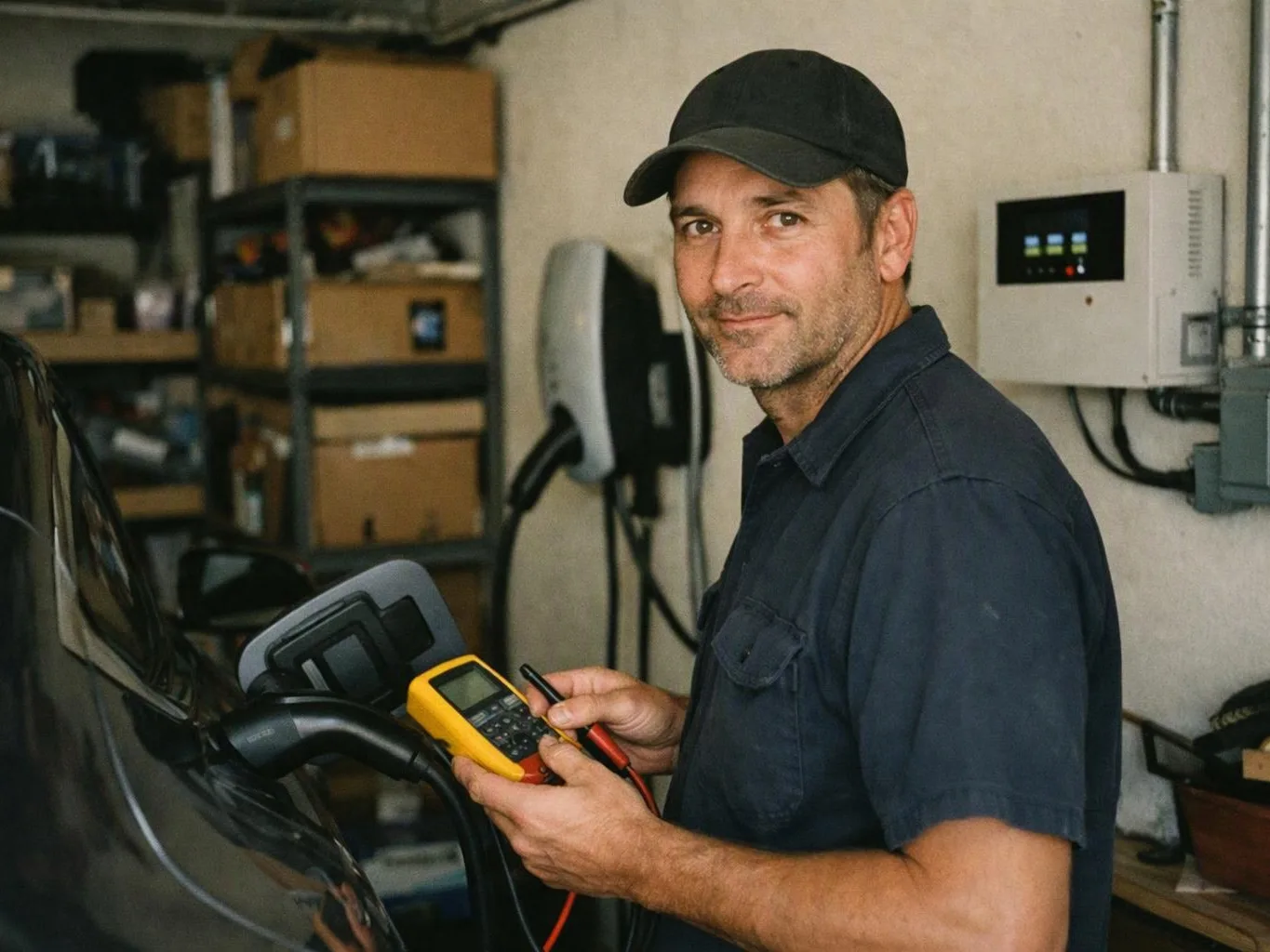 A man in a black cap holds a yellow testing device beside a car in a garage workshop