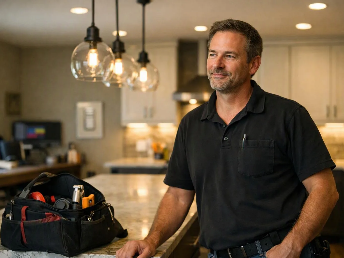 A man in a black polo stands by a kitchen counter beside an open tool bag under hanging lights