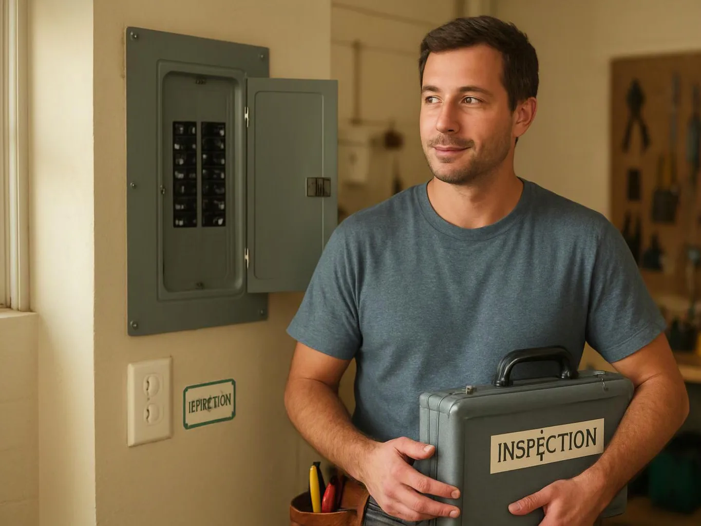 A man in a blue shirt holds an inspection case beside an open electrical panel in a room