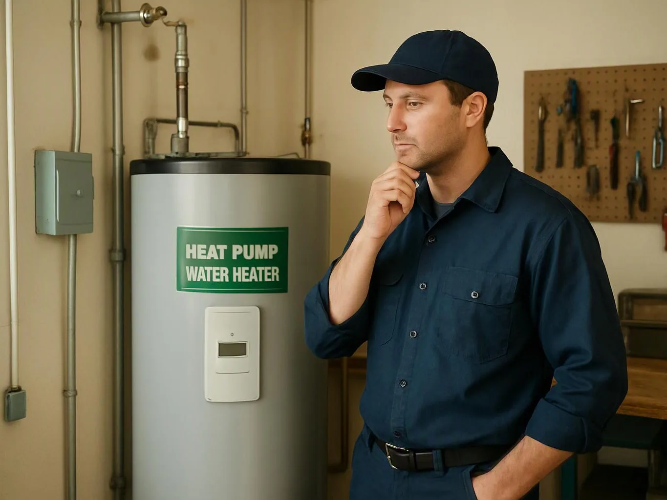 A man in a blue uniform stands beside a labeled water heater in a utility room, touching his chin