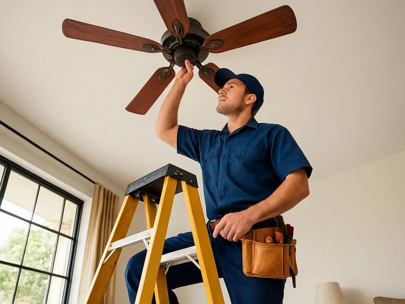 A man in a blue uniform stands on a yellow ladder adjusting a ceiling fan in a bright room