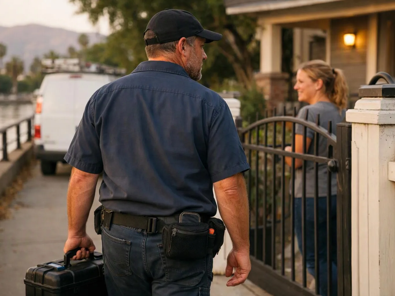 A man in a cap carries a toolbox toward a woman standing by a black gate outside a house