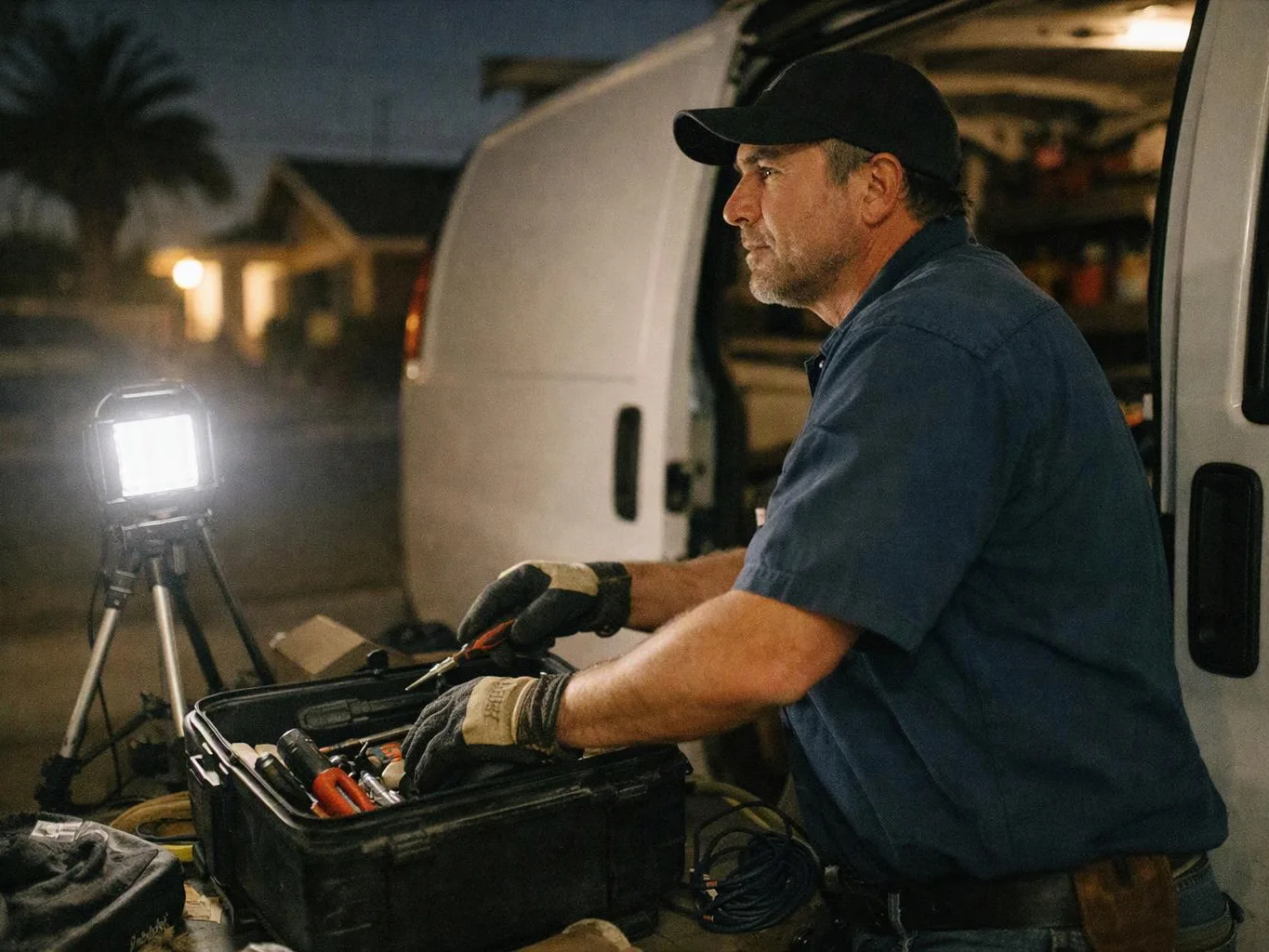 A man in a cap and gloves works on tools beside a lit van at night