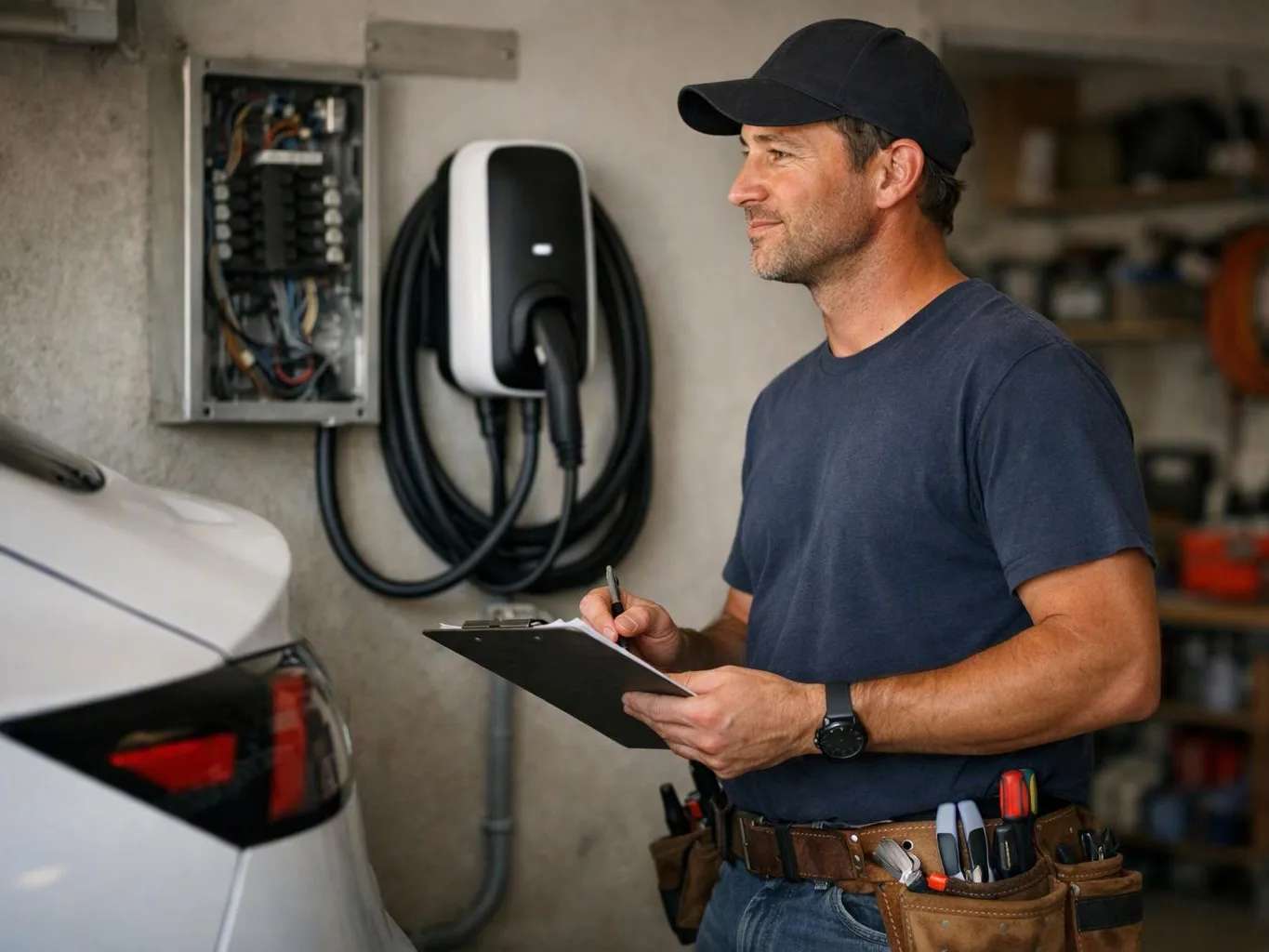 A man in a cap holds a clipboard beside a car and wall-mounted charging equipment in a garage