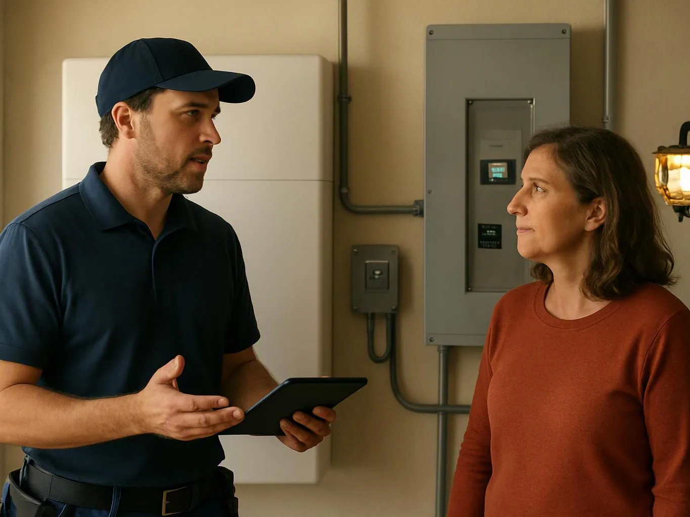 A man in a cap holds a tablet and talks with a woman beside wall electrical panels