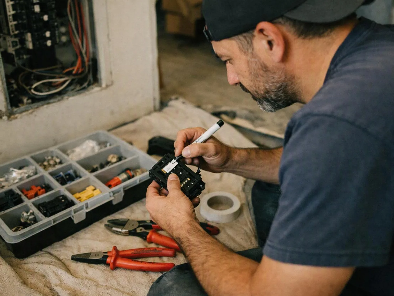 A man in a cap kneels on the floor, marking an electrical part beside tool trays and pliers