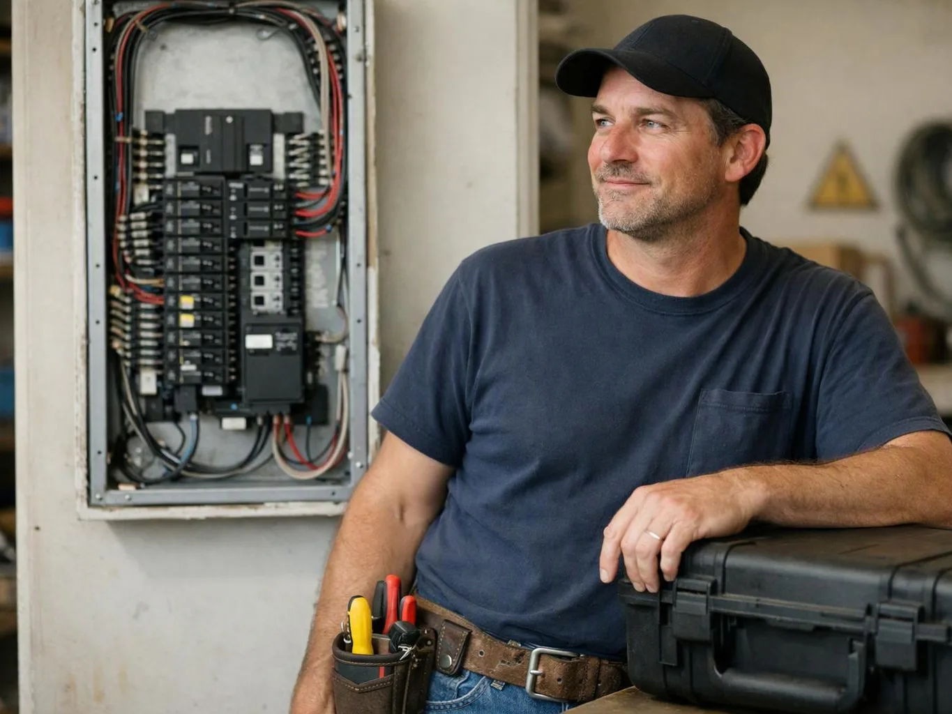 A man in a cap leans beside an open electrical panel with tools and a black case in a workshop