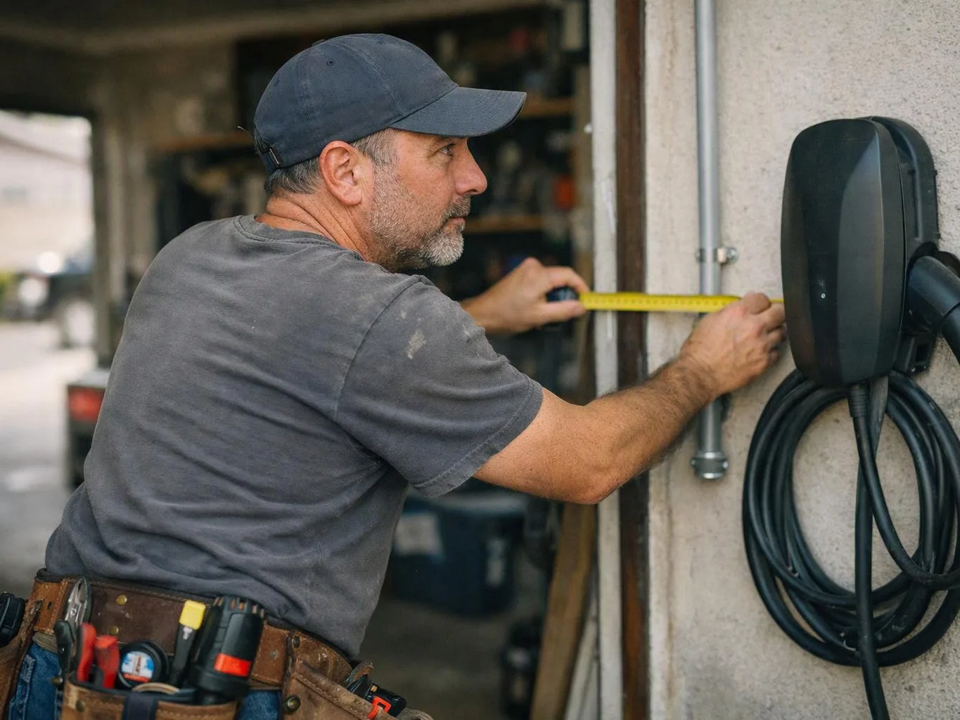 A man in a cap measures a wall with a tape measure beside a mounted cable unit in a garage