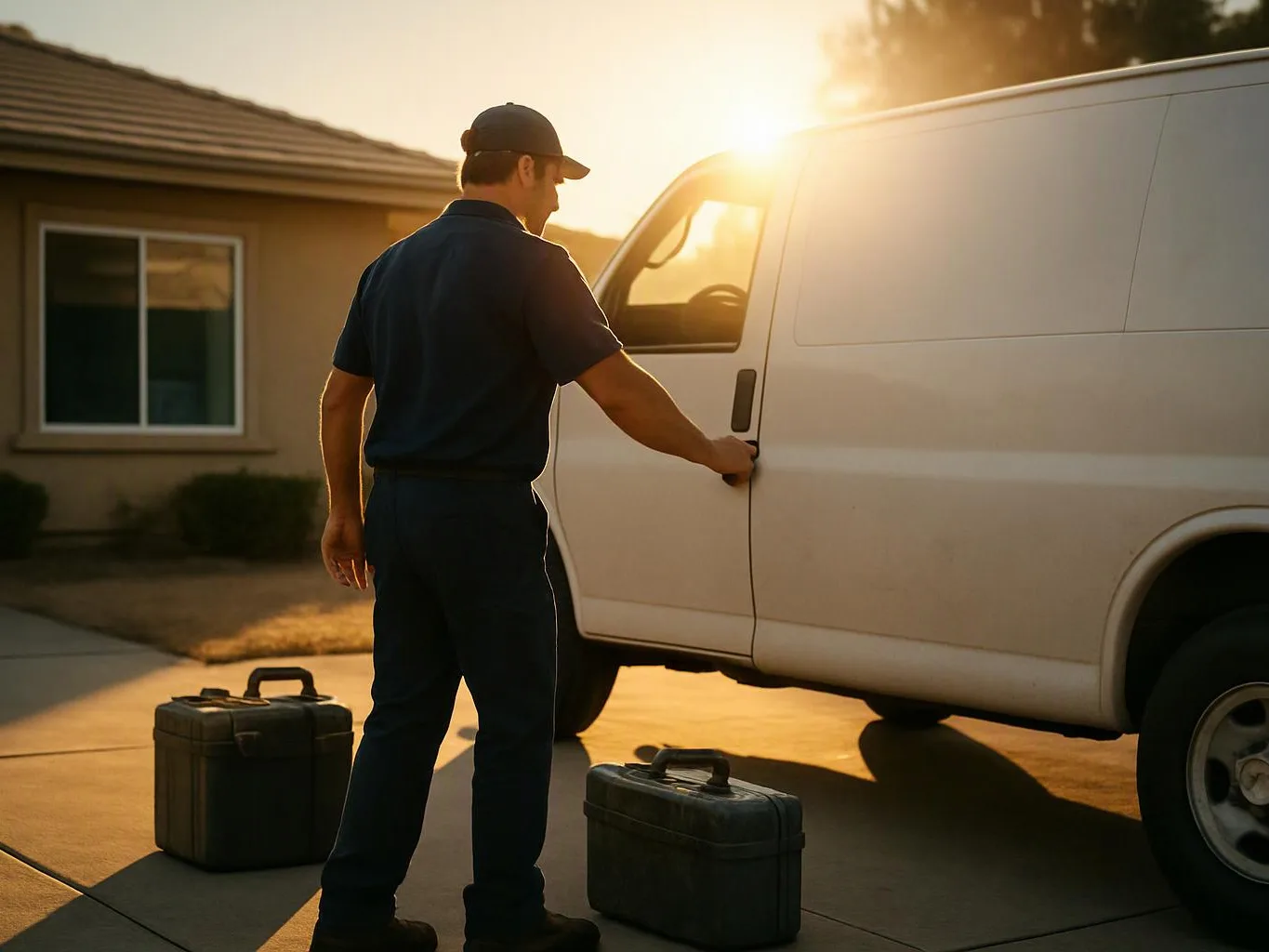 A man in a cap opens a white cargo van beside two tool cases in a driveway at sunset
