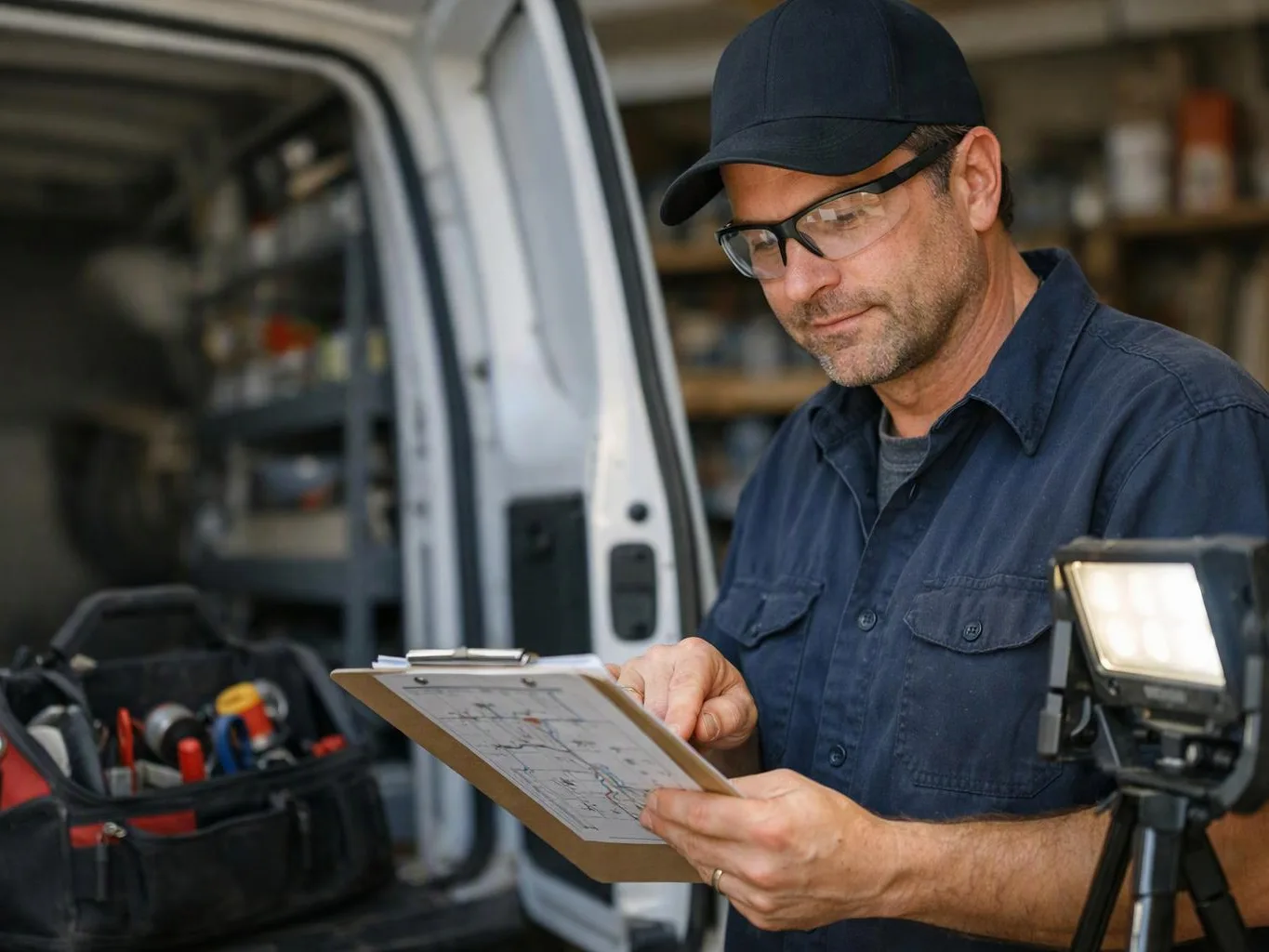 A man in a cap and safety glasses studies a clipboard beside an open van in a workshop