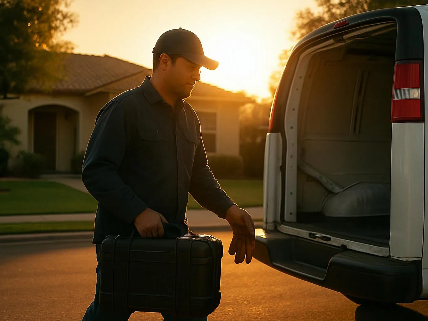 A man in a cap stands beside an open van, holding a black case on a sunlit suburban street
