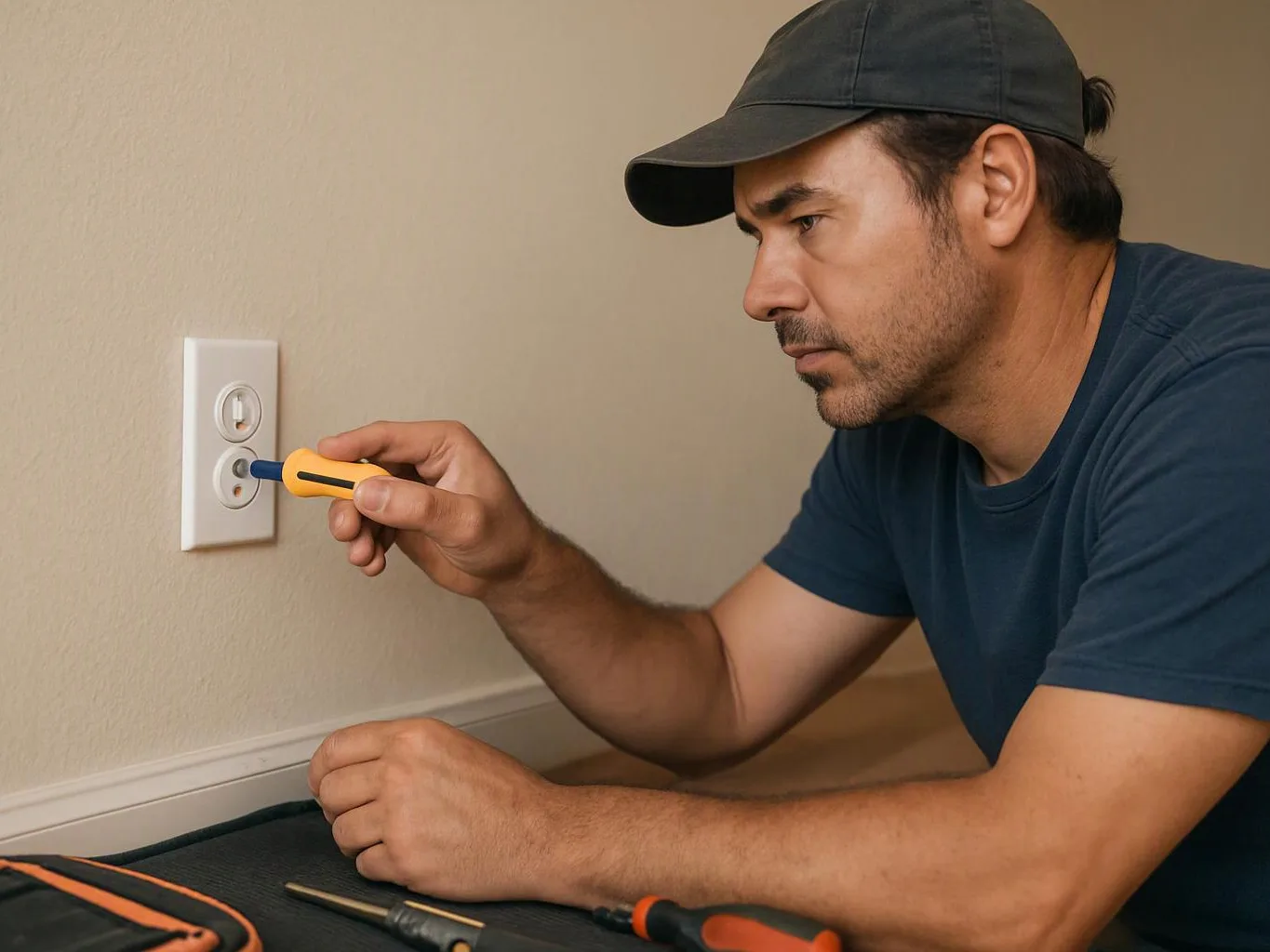 A man in a cap uses a screwdriver at a wall outlet while tools lie on the floor