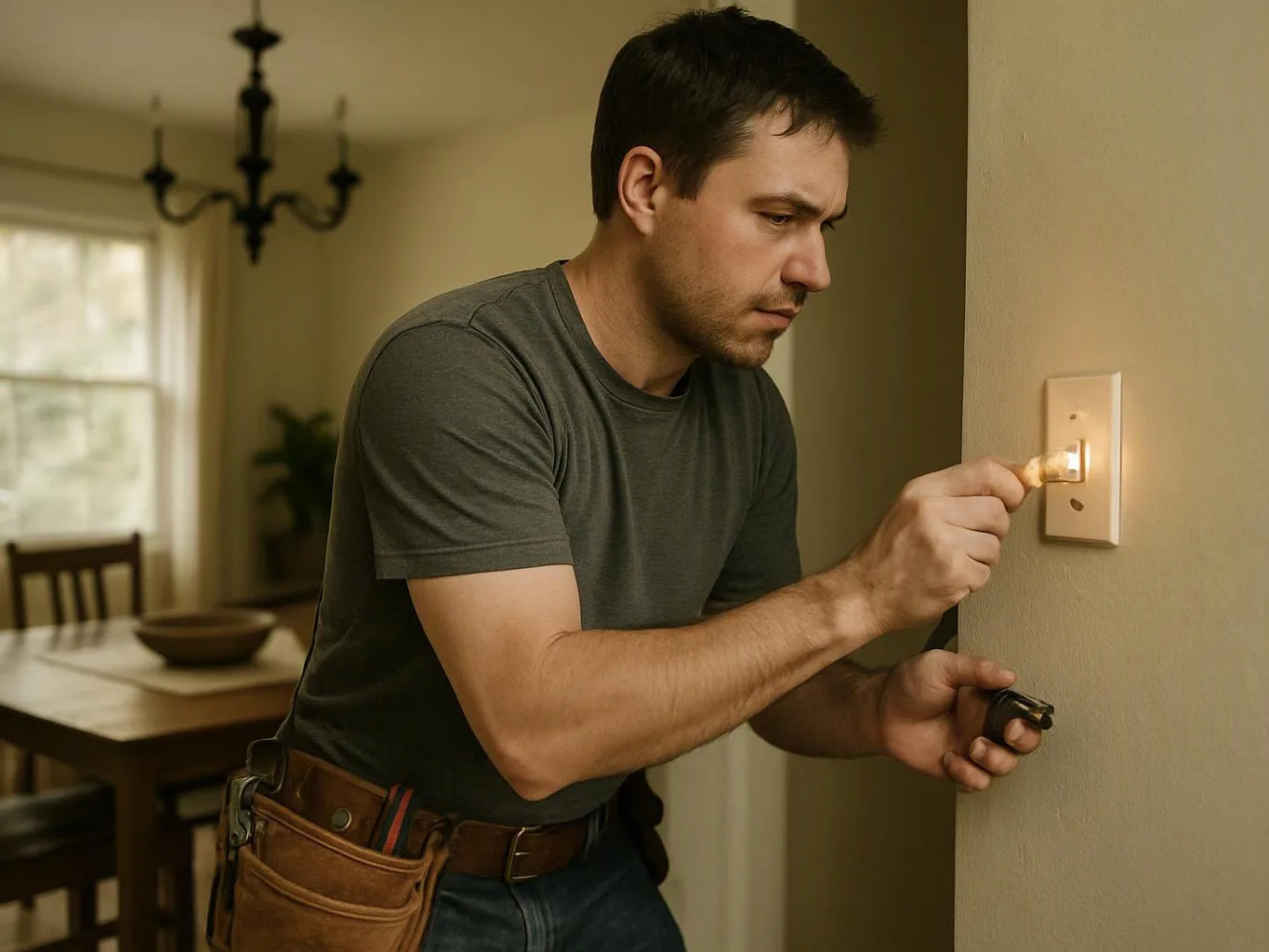 A man changes a light switch plate in a dim dining room, holding a tool and a bulb