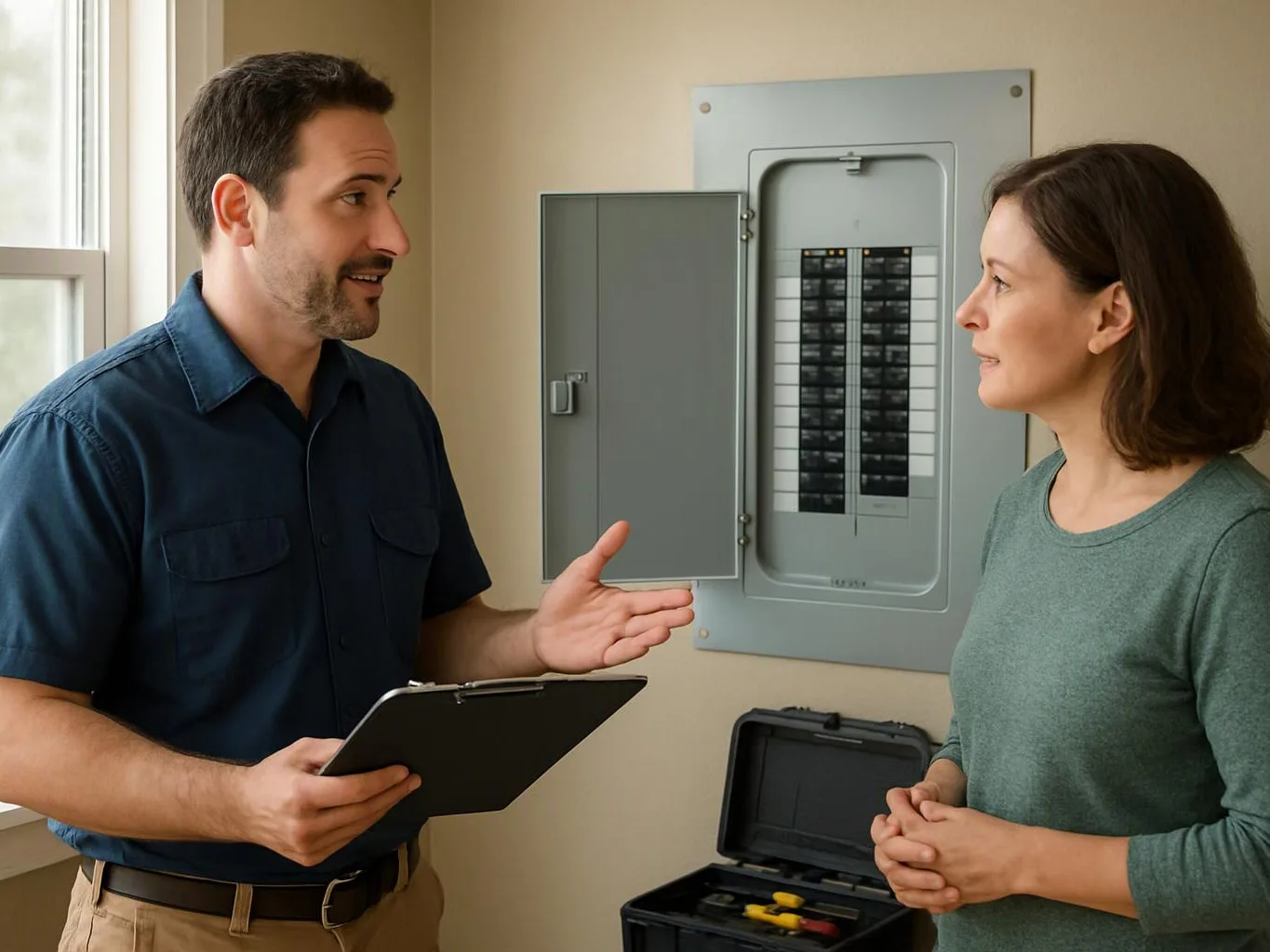 A man with a clipboard talks to a woman beside an open electrical panel in a room