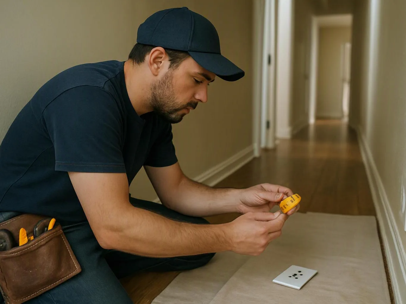 A man in a dark cap kneels in a hallway, measuring and inspecting a wall outlet plate