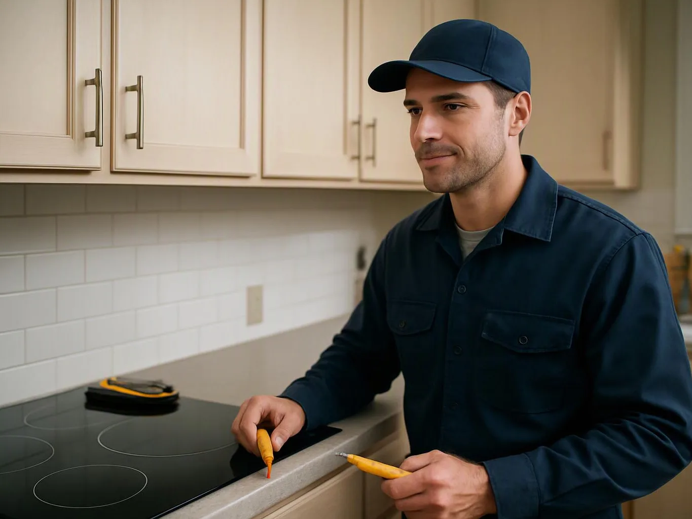 A man in a dark cap and work shirt tests a kitchen stovetop with yellow tools, standing by beige cabinets