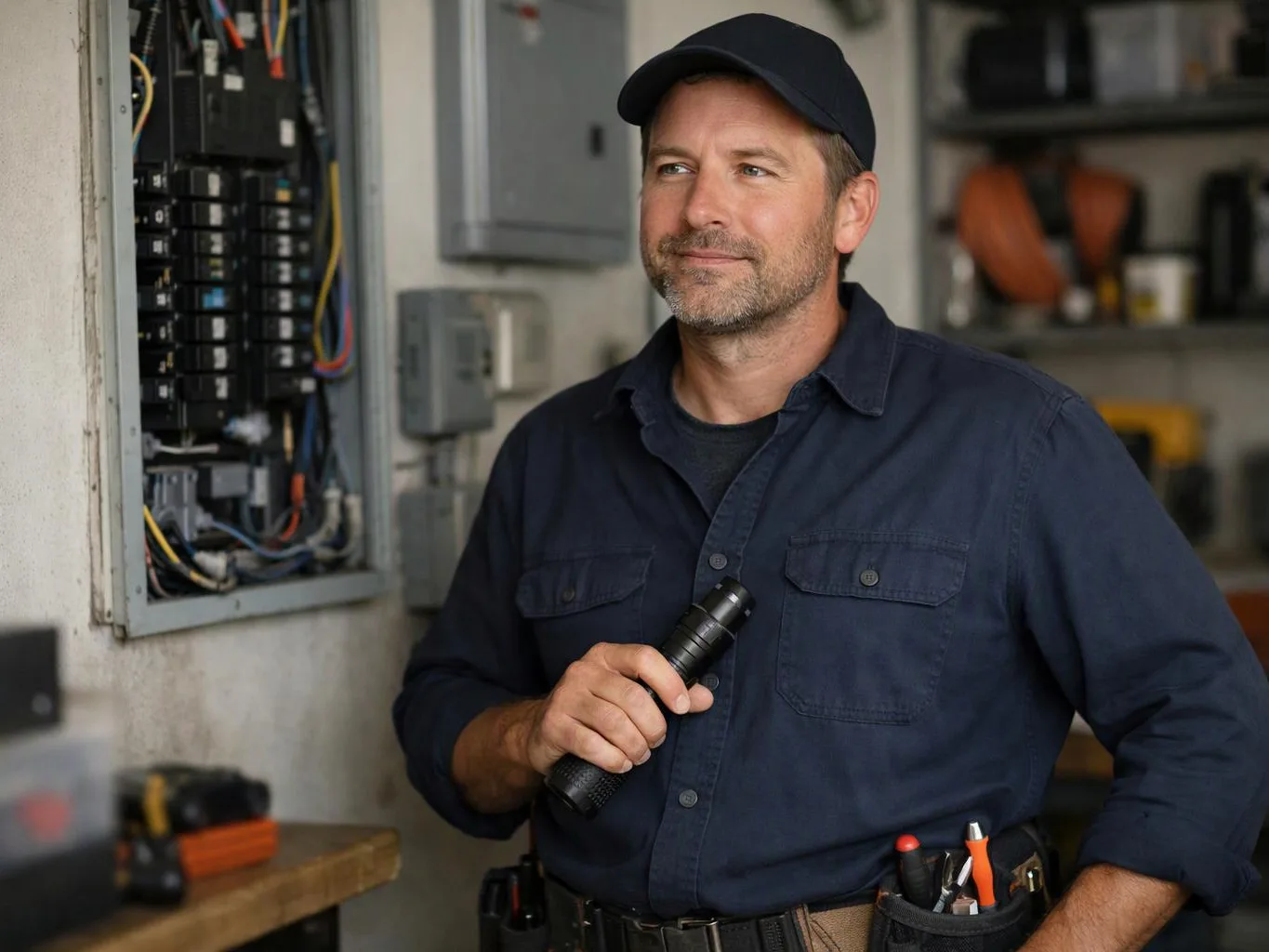 A man in a dark work shirt and cap holds a flashlight beside an open electrical panel in a workshop