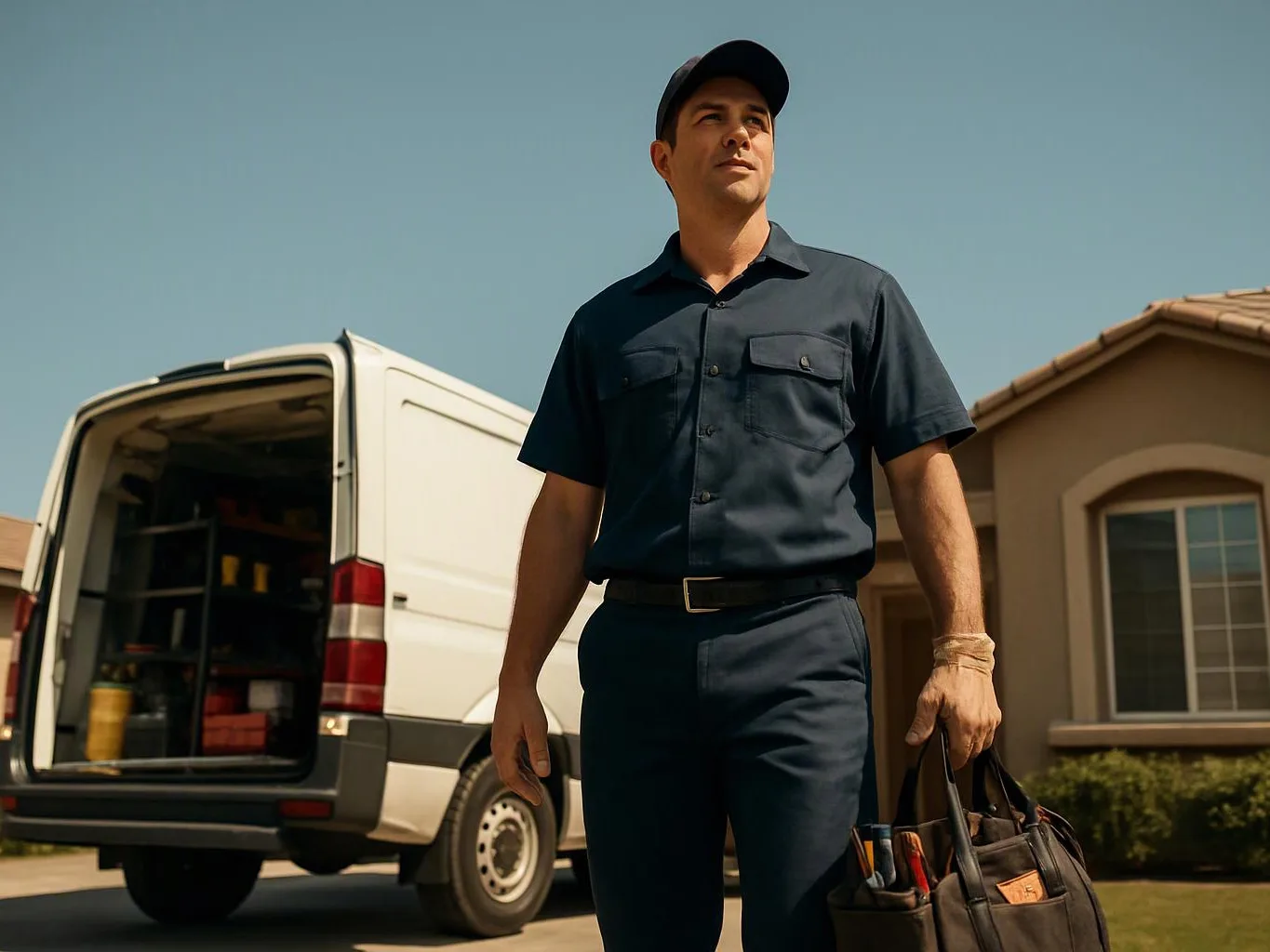 A man in a dark work uniform stands beside a service van outside a house, holding a tool bag