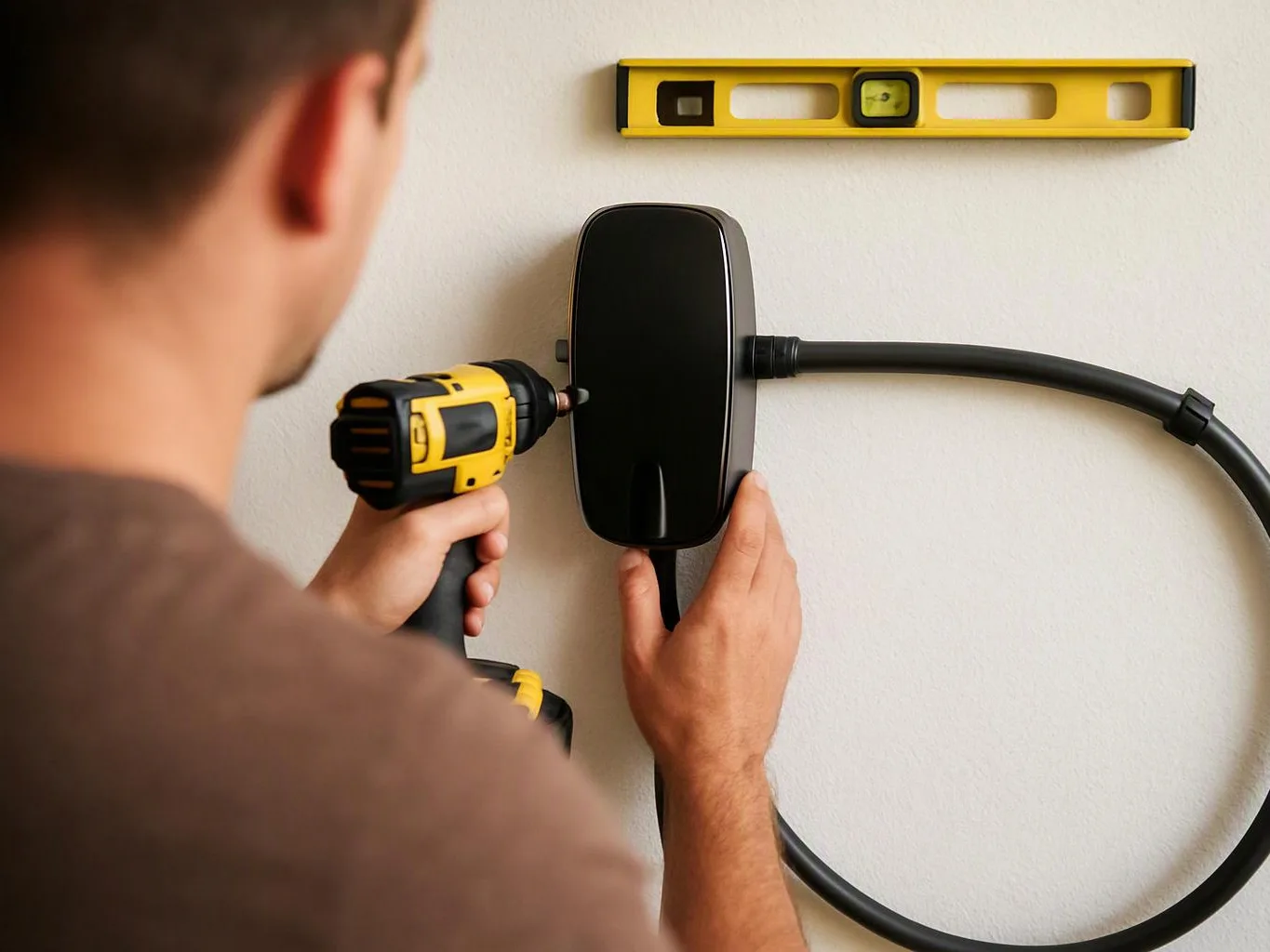 A man drills a wall-mounted black device while holding it level with a yellow spirit level above it