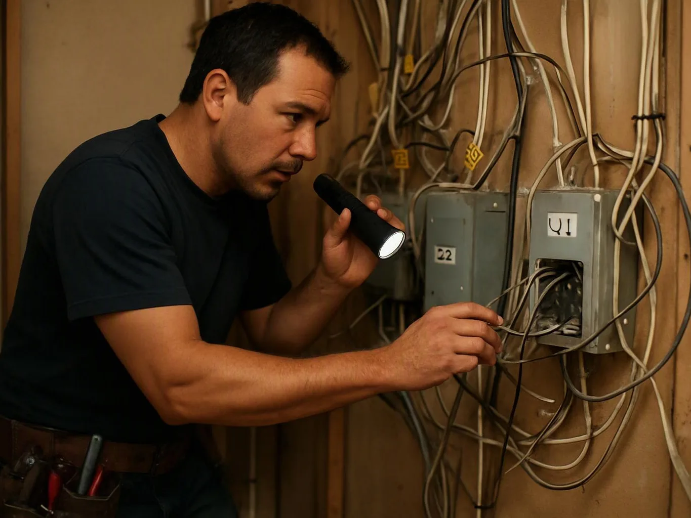 A man examines tangled electrical wires with a flashlight beside wall-mounted metal boxes