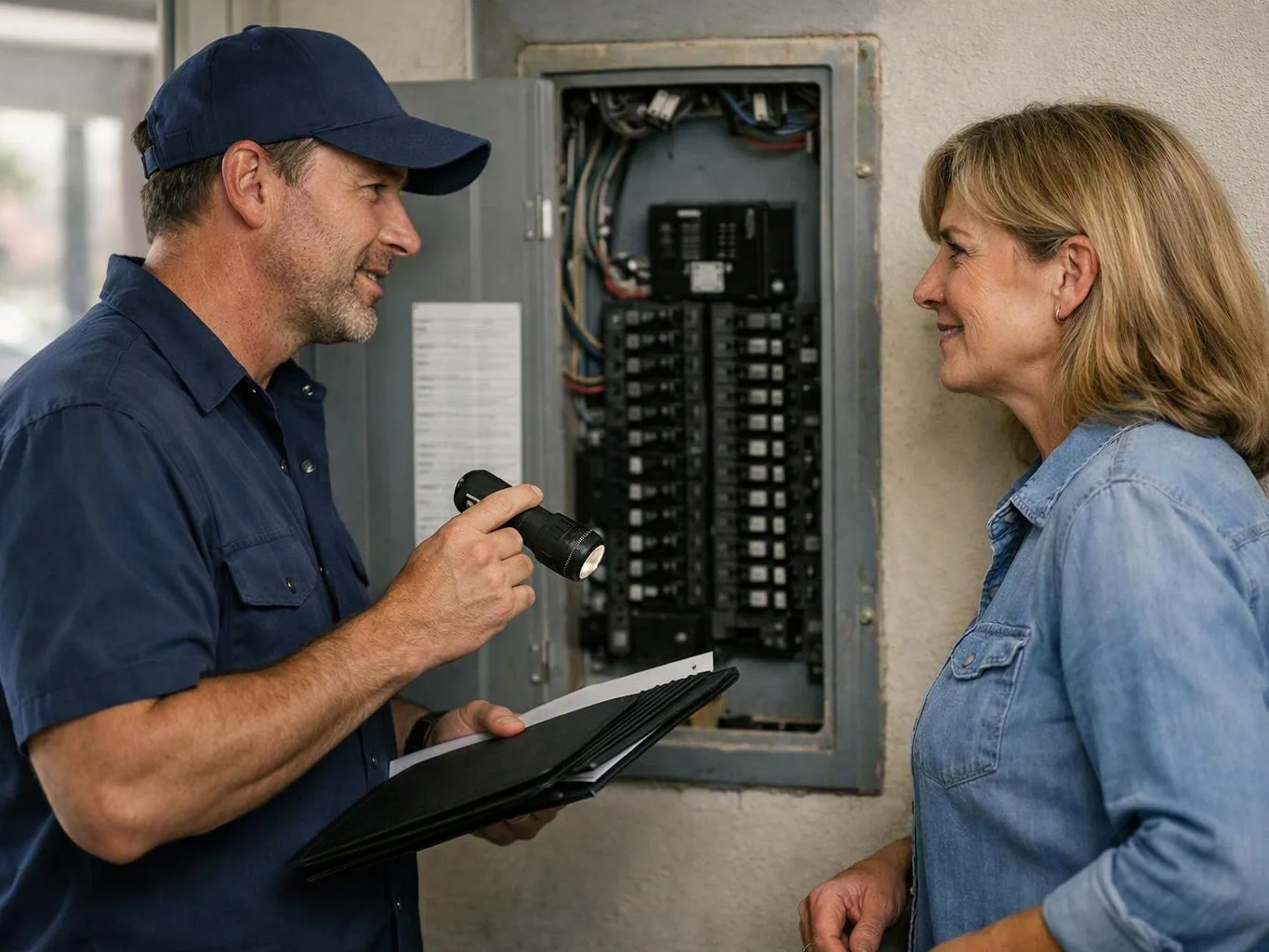 A man with a flashlight and folder talks to a woman beside an open electrical breaker panel