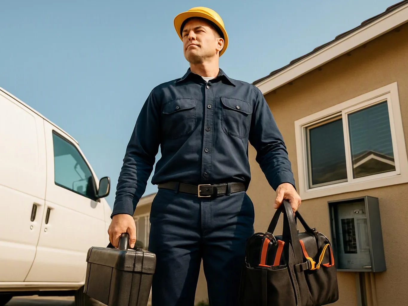 A man in a hard hat stands outside a house, holding two tool bags beside a white van