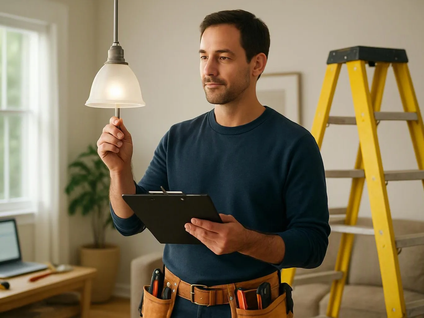 A man inspects a hanging light fixture while holding a clipboard in a bright room with a ladder nearby