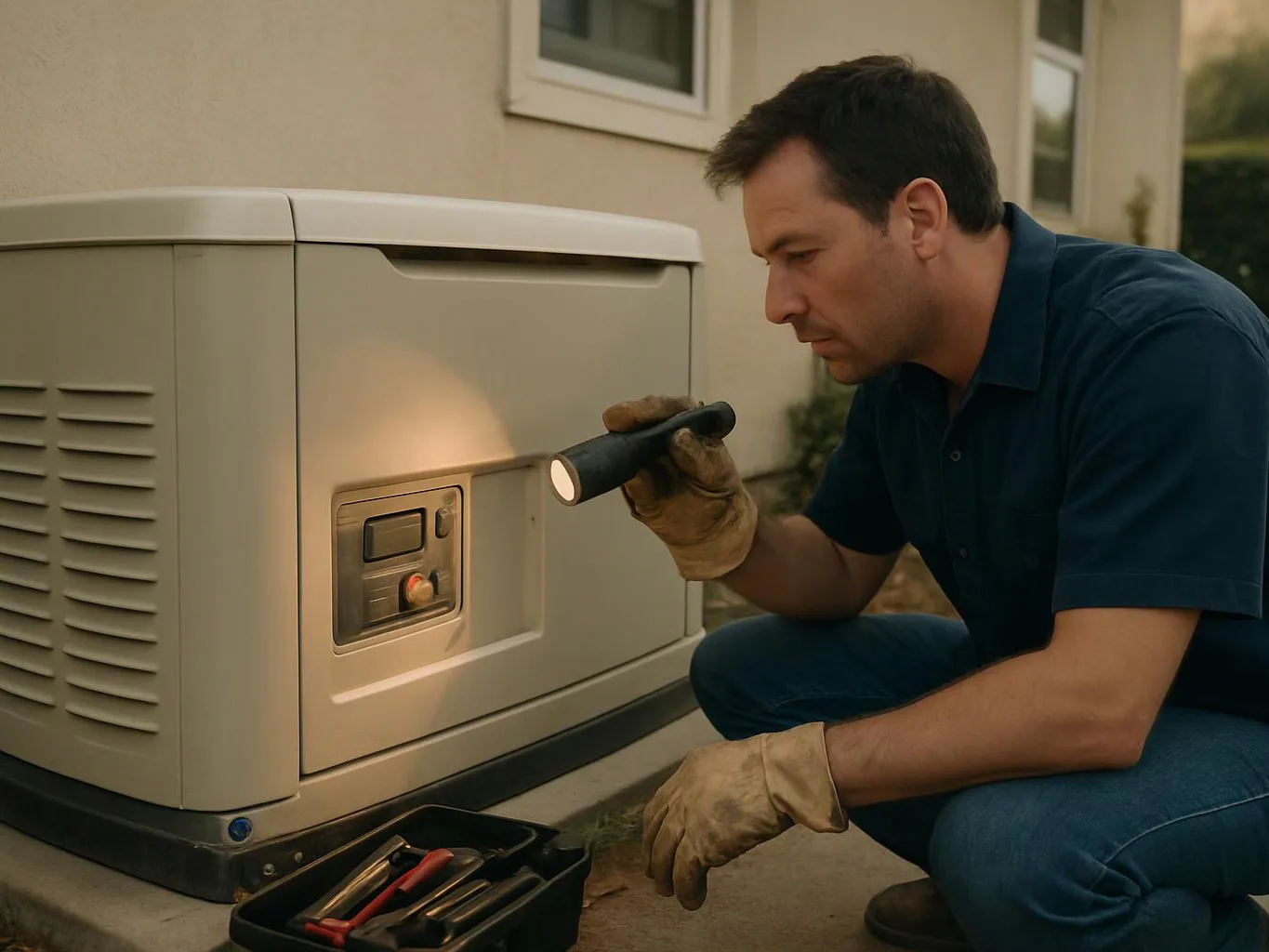 A man kneels beside a generator, shining a flashlight at its control panel near a house wall