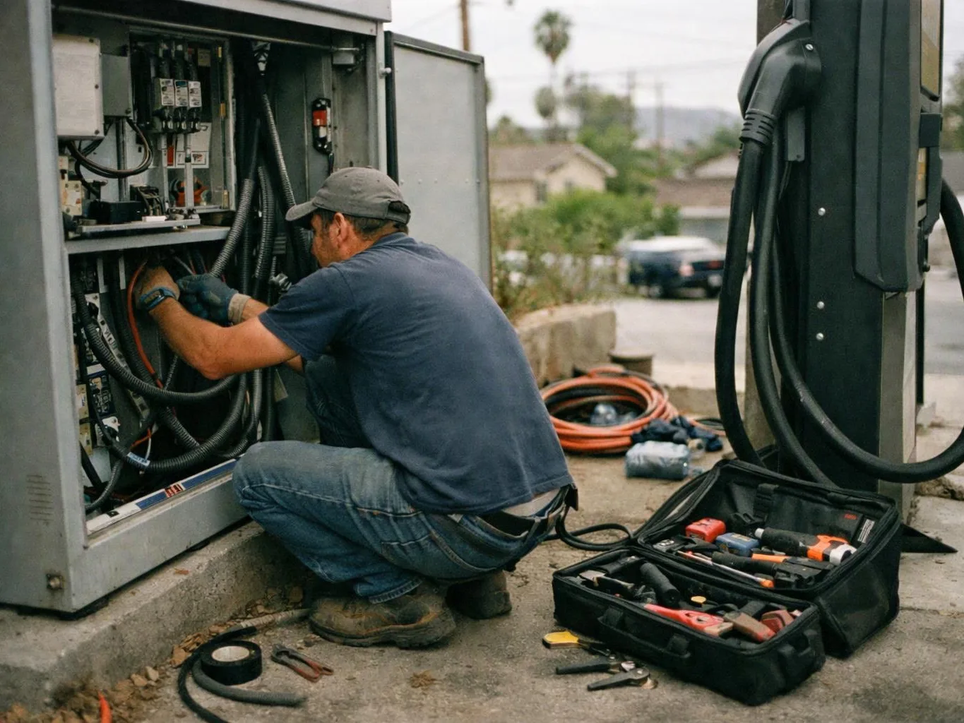 A man kneels beside an open electrical cabinet, working with cables outdoors near a tool bag and hose coils