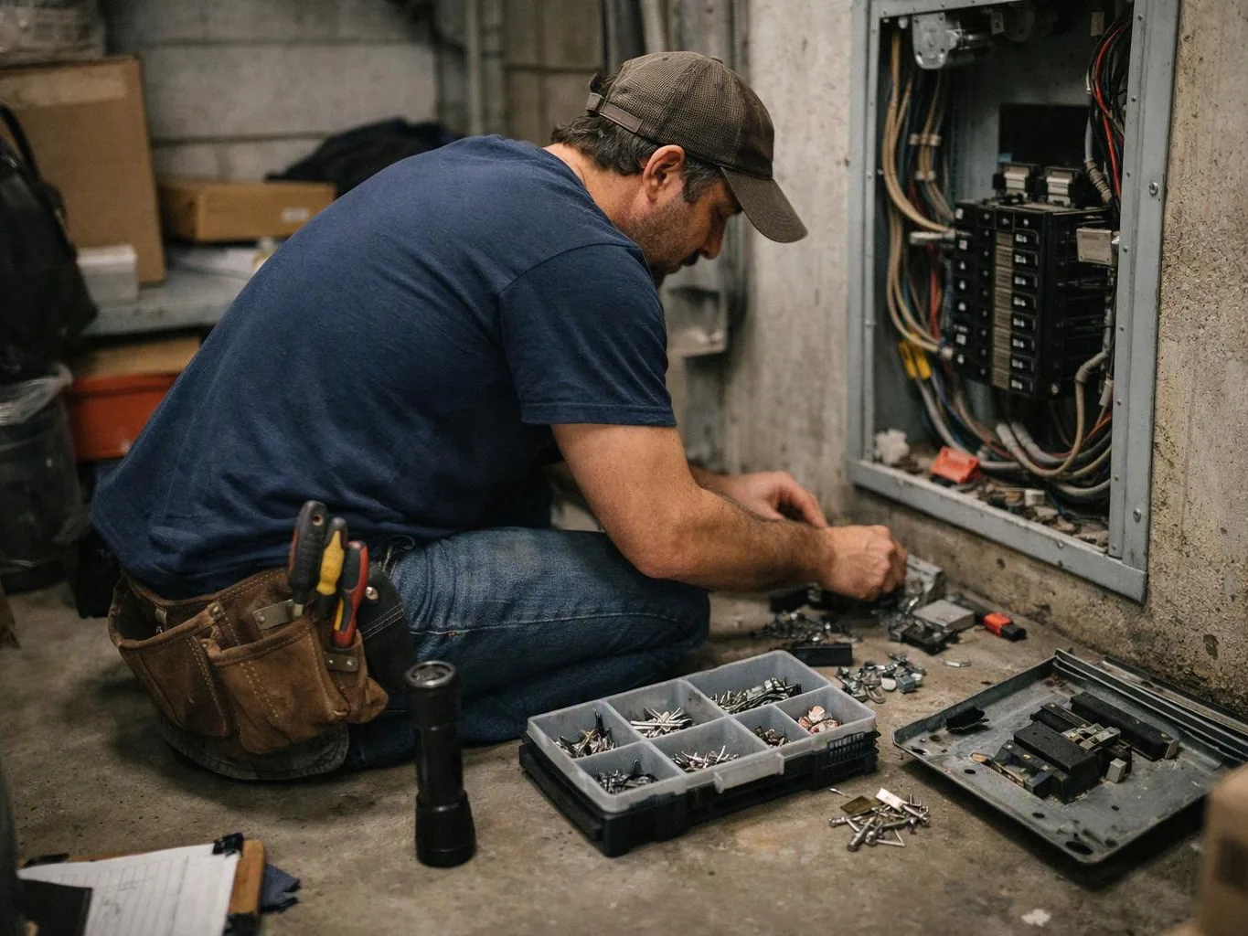 A man kneels beside an open electrical panel, sorting tools and screws on a concrete floor