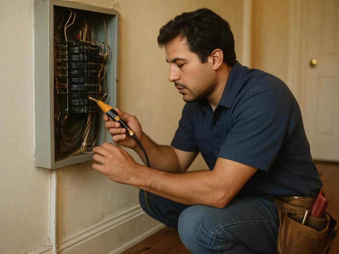 A man kneels beside an open electrical panel, testing wires with a probe in a hallway