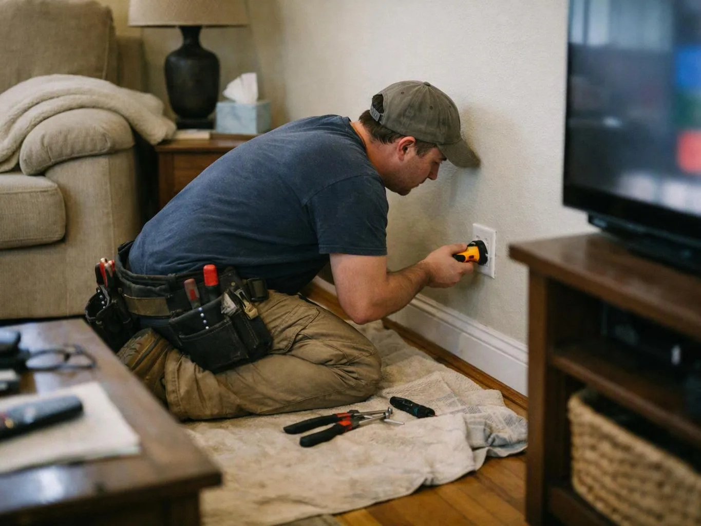 A man kneels on a drop cloth, using a power tool to work on a wall outlet in a living room