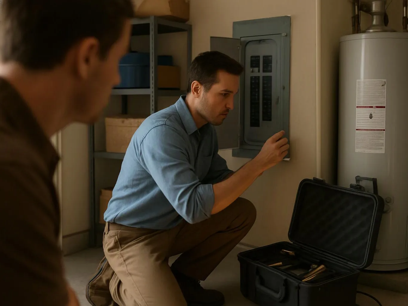 A man kneels by an open electrical panel beside a water heater, while another person watches from the foreground