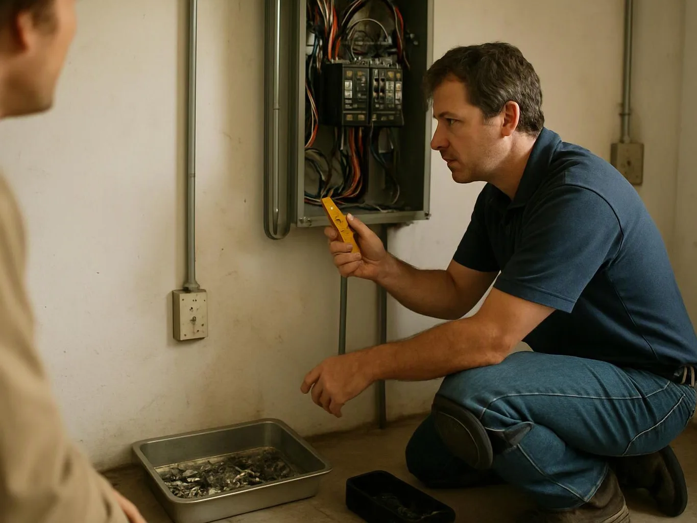 A man kneels by an open electrical panel, holding a yellow tool while another person watches nearby