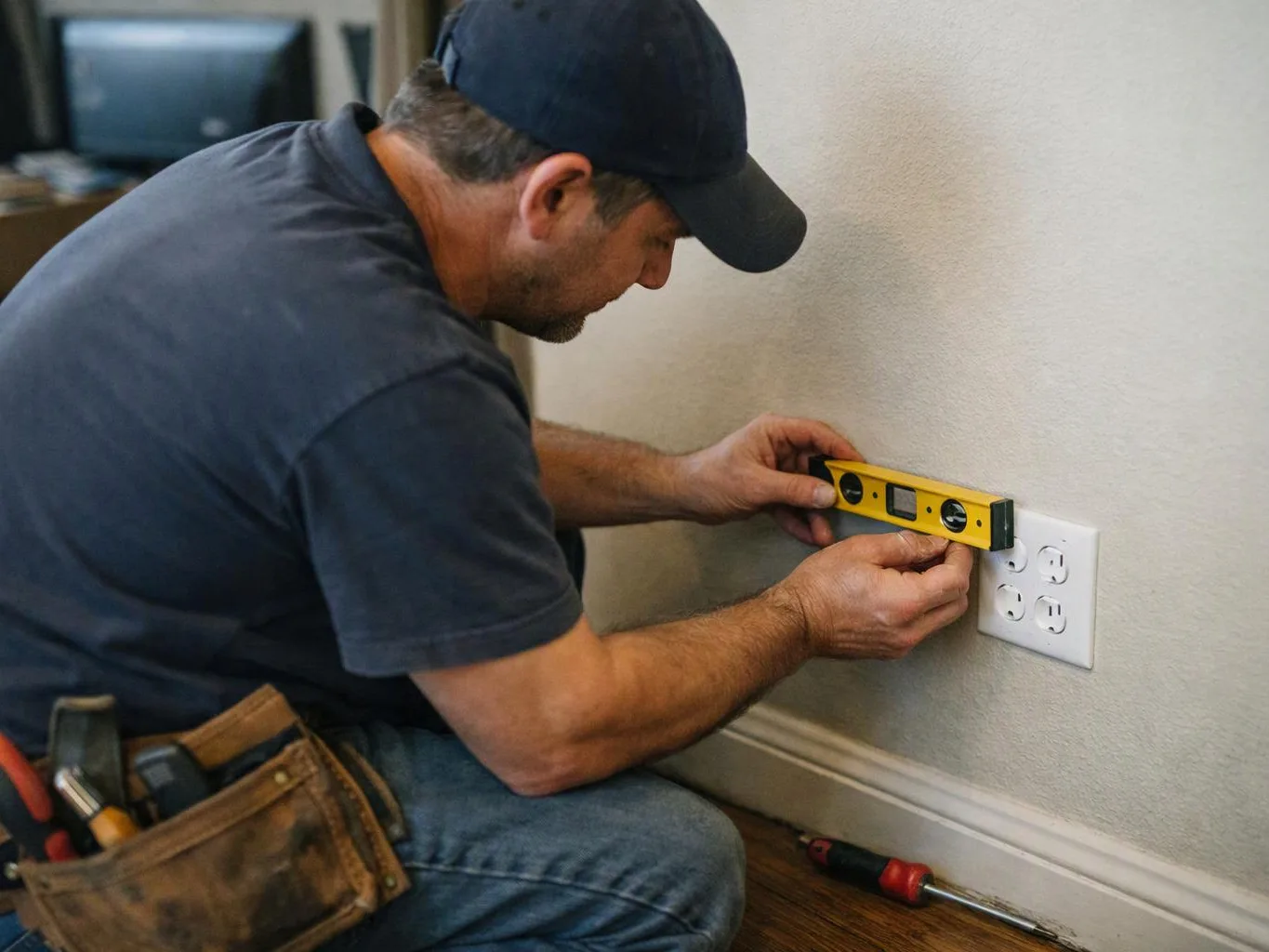 A man kneels by a wall outlet, using a yellow level while working in a room with tools nearby