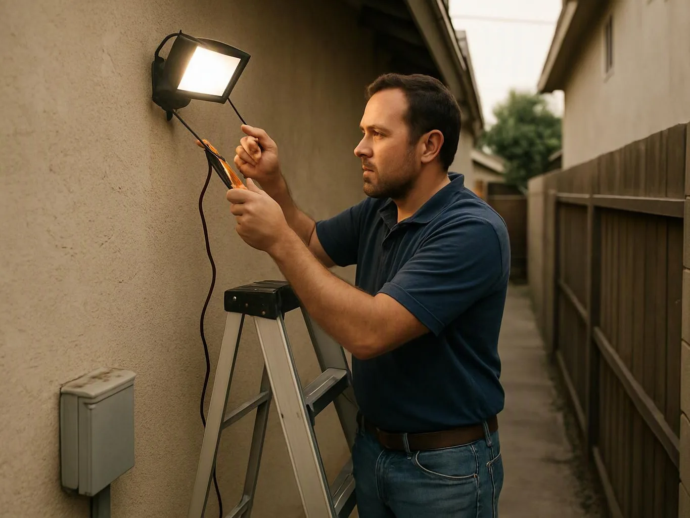 A man on a ladder adjusts a lit wall floodlight beside a narrow outdoor walkway