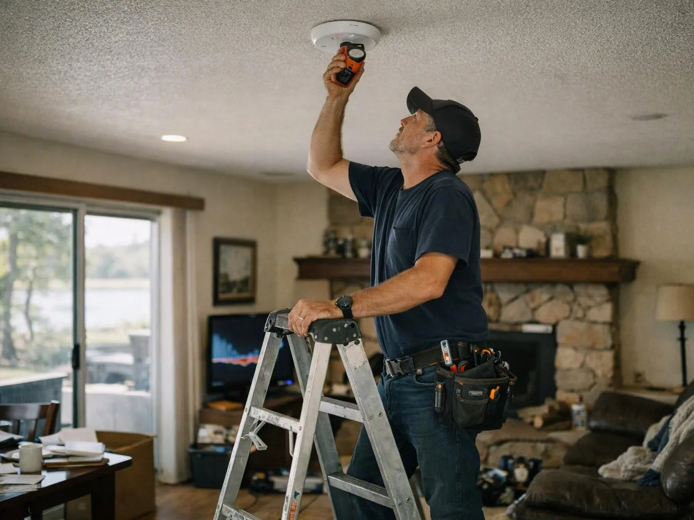 A man on a ladder tests a ceiling smoke detector in a living room